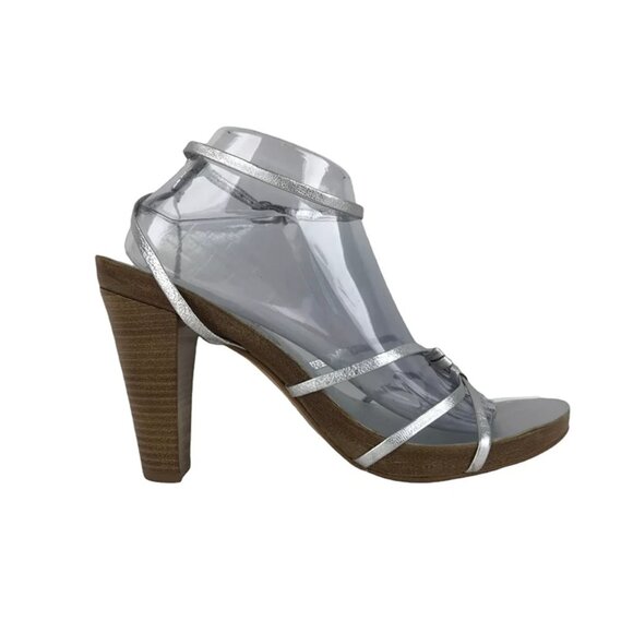 Kenneth‎ Cole Womens Greek Idol Silver Buckle Open Toe Block Strappy Heels Sz 10 - Picture 1 of 10